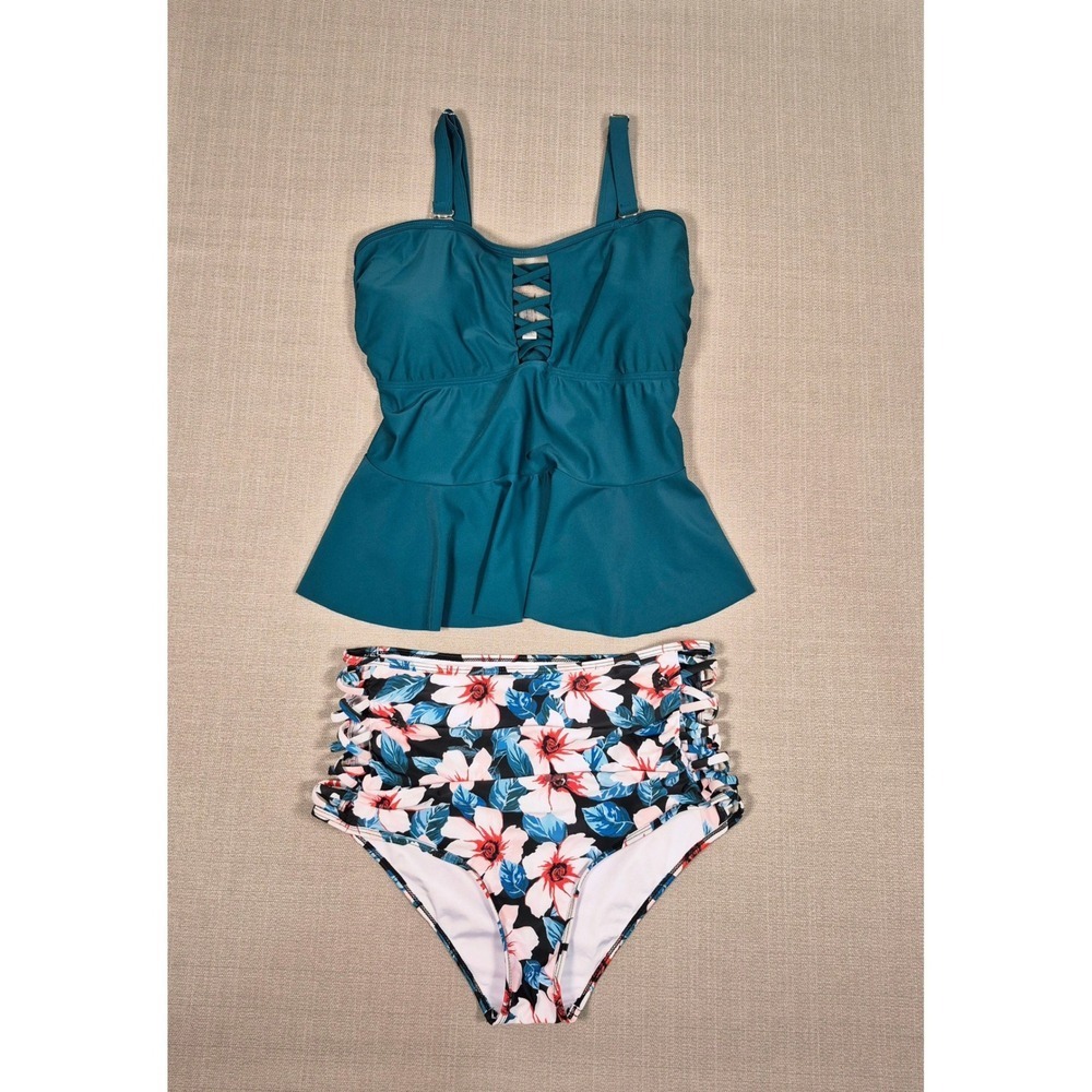 Yonique Teal Peplum Tankini Floral High Waist Swimsuit Set 14W Womens